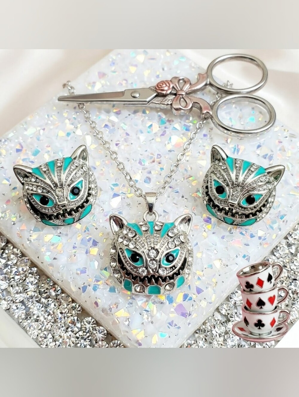 Silver Filigree Cat Pendant Necklace and Stud Earring Set